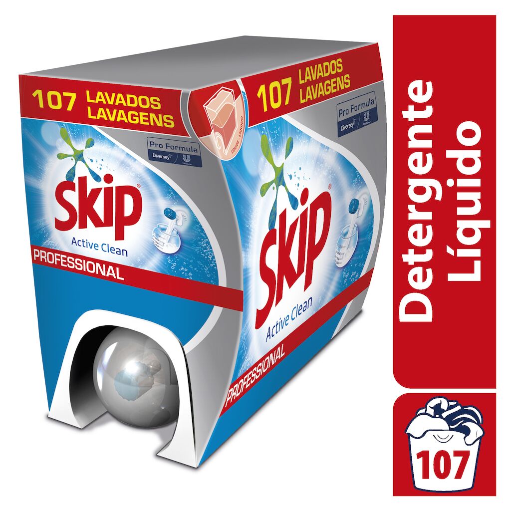 Skip Pro Formula Active Clean com bola doseadora 7.5L - Detergente líquido de alto desempenho para lavar todos os tipos de roupa.